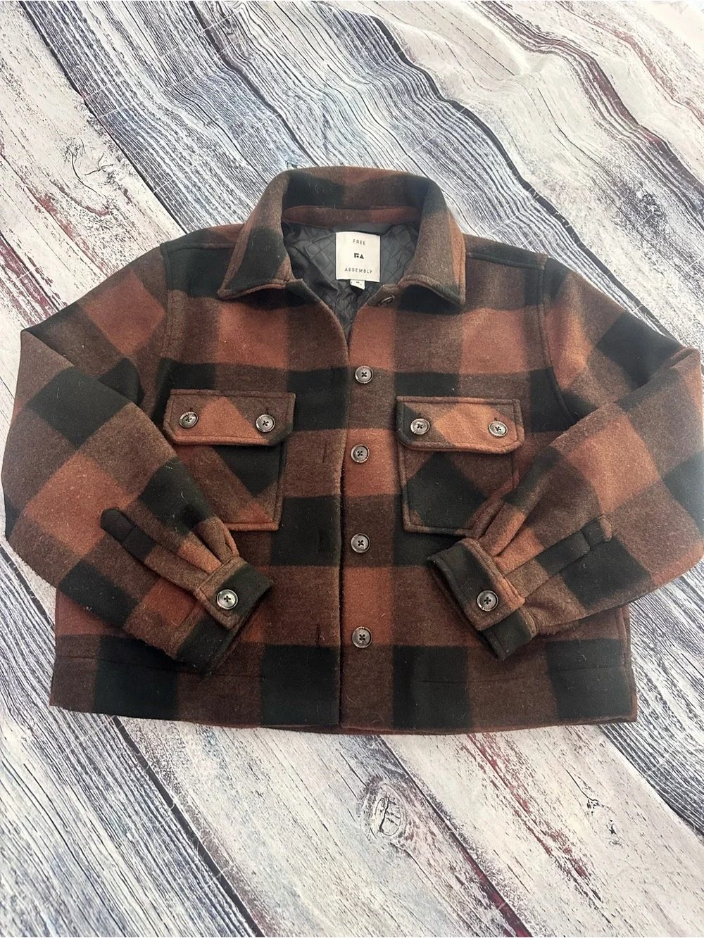 Free Assembly Women’s Brown & Black Plaid Wool-Blend Cropped Shacket